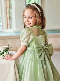 Solid Color Grass Green Streamer Yarn Cute Pleated Sweet Puff Sleeves Pearl Neckline Decoration Sweet Lolita Kids Dress -NAUS Lolita Shop 3 500x672 1340