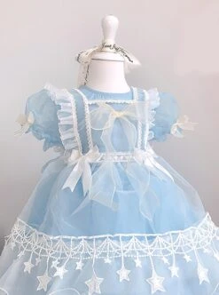 Pure Color Court Style Puff Sleeve Lace Stars Sweet Lolita Kids Short-Sleeved Dress -NAUS Lolita Shop 3 500x672 1345