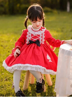 Classic Lolita Red Pleated Doll Neckline Lace Trim Black And White Peach Heart Shape Decoration Long Sleeve Kid Princess Dress -NAUS Lolita Shop 3 500x672 1348