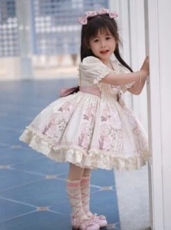 Cute Rabbit Print Puff Sleeve Bowknot Decoration Sweet Lolita Kids Short Sleeve Dress -NAUS Lolita Shop 3 500x672 1350