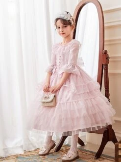 Lace Princess Collar Elegant Court Style Collar Bowknot Decorated Lace Middle Sleeve Ruffle Hem Sweet Lolita Kids Dress -NAUS Lolita Shop 3 500x672 1351