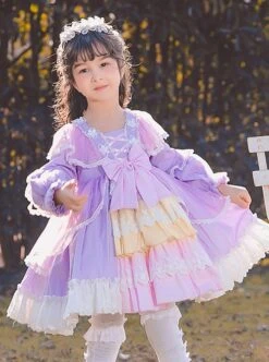 Colorful Multi-Layer Hem Design Lace Decoration Stitching Lantern Sleeves Sweet Lolita Kids Long-Sleeved Dress -NAUS Lolita Shop 3 500x672 1354