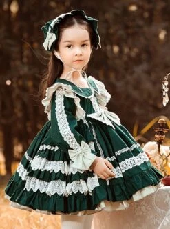Cute Round Lapel Multi-Layered Lace Ruffle Hem Design Green Autumn Winter Classic Lolita Kids Long-Sleeved Dress -NAUS Lolita Shop 3 500x672 1355