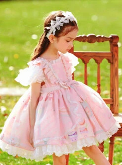 Cute Cartoon Pattern Print Pink Pleated Ruffle Chiffon Flying Sleeve Design Bow Knot Decoration Classic Lolita Kid Princess Dress -NAUS Lolita Shop 3 500x672 1357