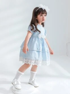 Flower Cute Puff Sleeve Lace Double Layer Hem Polka Dot Short Sleeve Classic Lolita Kids Dress -NAUS Lolita Shop 3 500x672 1361