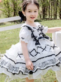 White Musical Note Lace Black Bowknot Children Sweet Lolita Doll Collar Short Sleeve Dress -NAUS Lolita Shop 3 500x672 1364