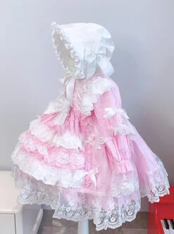 Jacquard Embroidered Lace Double Pleated Hems Children Cute Pink Sweet Lolita Bow Knots Kids Long Sleeves Dress -NAUS Lolita Shop 3 500x672 1365