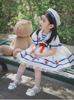 Small Navy Series Large Square Neckline Red Pentagram Decoration Bow Knot Children Lolita Kids White Short Sleeve Dress -NAUS Lolita Shop 3 500x672 1370