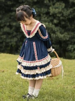 Miss Betty Series Vintage Court Style V-Neck Striped Ruffle Lace Red Ribbon Decorated Classic Lolita Kids Long Sleeve Dress -NAUS Lolita Shop 3 500x672 1371