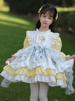 Rabbit Embroidery Plaid Printing Yellow White Fresh Multi-Layer Hem Design Cute Classic Lolita Kids Long Sleeve Dress -NAUS Lolita Shop 3 500x672 1372