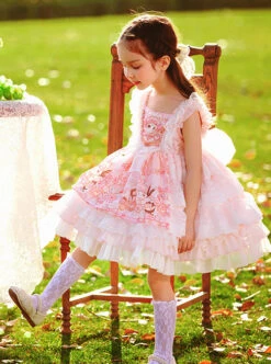 Pink Doll Candy Pattern Print Lace-Ruched Puffed Hem Bow Knot Decoration Classic Lolita Kid Princess Dress -NAUS Lolita Shop 3 500x672 1373