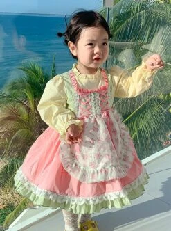 Spring Cute Maid Apron Floral Lace Lantern Sleeves Sweet Lolita Kids Long Sleeve Dress -NAUS Lolita Shop 3 500x672 1374