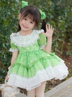 Spring Summer Round Neck Green Fresh Floral Lace Decoration Sweet Lolita Kids Short-Sleeved Dress -NAUS Lolita Shop 3 500x672 1375