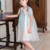 Chinese Style Cute Delicate Flower Embroidery Decoration Light Green Mesh Children Lolita Kids Short Sleeve Dress