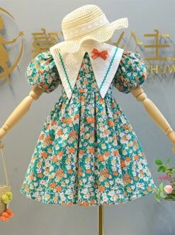 Color Floral Decoration White Triangular Lapel Design Cotton Classic Lolita Kid Short Sleeve Dress -NAUS Lolita Shop 3 500x672 1385