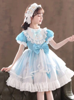 Ruffle Round Collar Bowknot Children Sweet Lolita Puff Sleeve Short Sleeve Dress -NAUS Lolita Shop 3 500x672 1391
