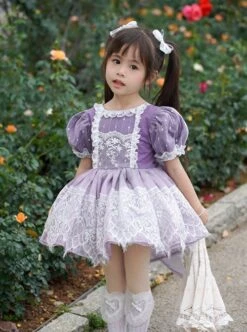 Sweet Lace Round Neck Puff Sleeve Lace Irregular Hem Back Heart Hollow Design Classic Lolita Kids Short-Sleeved Dress -NAUS Lolita Shop 3 500x672 1392