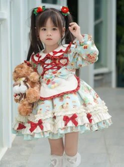 Spring Autumn Doll Collar Christmas Little Bear Print Bowknot Small Colored Ball Apron Sweet Lolita Kids Long-Sleeved Dress -NAUS Lolita Shop 3 500x672 1394