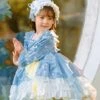 Blue Cute Puff Sleeve Snowflake Print Multicolor Irregular Hem Design Classic Lolita Kids Long Sleeve Dress