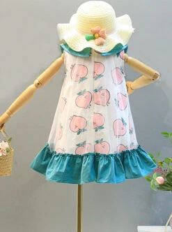 Sweet Peach Print Mesh Decoration Pleated Hem Doll Neck Bow Knot Classic Lolita Sleeveless Dress -NAUS Lolita Shop 3 500x672 1398