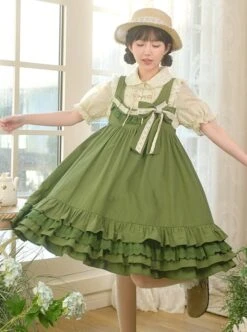 Forest Style Leaf Lace Ruffles Bowknot Sweet Retro Doll Classic Lolita Green Suspender Dress Short Sleeves Shirt Set -NAUS Lolita Shop 3 500x672 140