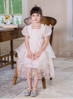 Delicate Lace Flower Embroidery Princess Temperament Mesh Children Lolita Kids Puff Sleeves Dress -NAUS Lolita Shop 3 500x672 1403
