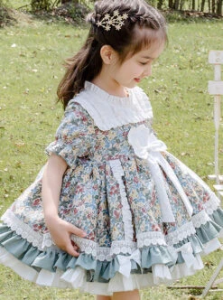Green Small Floral Printing White Bowknot Kids Classic Lolita Short Sleeve Dress -NAUS Lolita Shop 3 500x672 1405