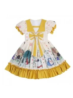 Cute Bunny Printing Retro Navy Style Collar Children Sweet Lolita Short Sleeve Dress -NAUS Lolita Shop 3 500x672 1407