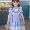 Purple Pleated Ruffle Neckline Design White Floral Decoration Lace Princess Classic Lolita Short Sleeve Kid Dress