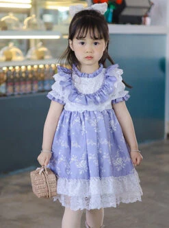 Purple Pleated Ruffle Neckline Design White Floral Decoration Lace Princess Classic Lolita Short Sleeve Kid Dress