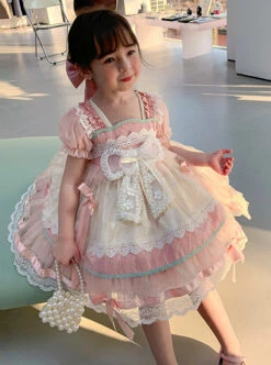 Cute Sweet Pleated Ruffled Lace Jacquard Big Bow Knot Design Classic Lolita Kid Dress -NAUS Lolita Shop 3 500x672 1412