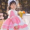 Pink White Sweet Round Neck Puff Sleeve Lace Bow-Knot Decoration Star Pendant Hem Design Sweet Lolita Kids Long Sleeve Dress