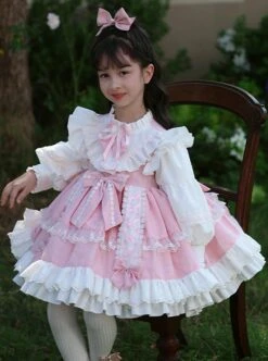Pink Cute Princess Fluffy Bowknots Puff Sleeves White Ruffles Floral Lace Kids Sweet Lolita Long Sleeves Dress -NAUS Lolita Shop 3 500x672 1427