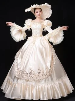Beige Long Satin Delicate Lace Noble Elegant Royal Aristocratic Retro Court Prom Long Sleeve Dress -NAUS Lolita Shop 3 500x672 144