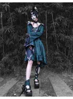 Lust Snake Series Jacquard Black Lace Halter Improve Cheongsam Gothic Sexy Blackish Green Drawstring Small A-line Hem Dress -NAUS Lolita Shop 3 500x672 1453