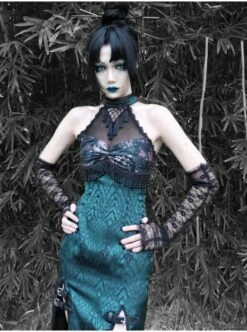 Lust Snake Series Sexy Slim Tassels Halter Improve Cheongsam Gothic Black Tulle Blackish Green Jacquard Satin Split Hem Dress -NAUS Lolita Shop 3 500x672 1466