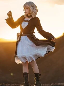 Steampunk Daily Versatile White Jacquard Cotton Fabric Lace Vintage Round Neck Long Sleeve High Waisted Dress -NAUS Lolita Shop 3 500x672 1468