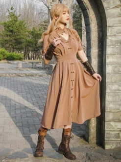 Vintage Mid-Century Coral Striped Gothic High Waist V-Neck Puff Short Sleeve Long Dress -NAUS Lolita Shop 3 500x672 1473