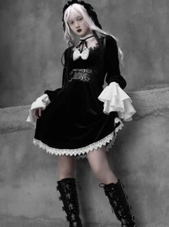 White Lace Black Velour Gothic Long Sleeve Lantern Sleeve Bowknot Dress -NAUS Lolita Shop 3 500x672 1480