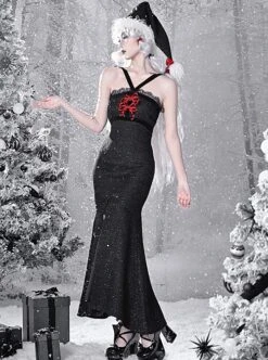 Winter Carol Series Velvet Shoulder Strap Slim Slits Fishtail Skirt Red Bowknot Christmas Gothic Sleeveless Dress -NAUS Lolita Shop 3 500x672 1481