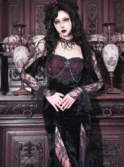 Halloween Gothic Velvet Panel Lace Crucifix Metal Chain Decoration Slim Fit Fishtail Long Sleeve Dress -NAUS Lolita Shop 3 500x672 1483