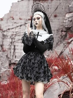 Halloween Gothic Turtleneck Lace Design Velvet Jacquard Large Crucifix Decorative Pumpkin Skirt Hem Long Sleeve Dress -NAUS Lolita Shop 3 500x672 1485