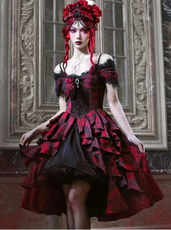 Hades Banquet Series Reddish Black Jacquard Lace Layered Pleated Hem Gothic Off-The-Shoulder Design Brooch Decoration Dress -NAUS Lolita Shop 3 500x672 1493