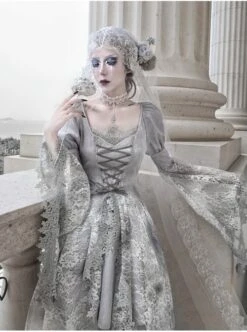 Rose Funeral Series White Gothic Lolita Dirty Dyed Heavy Workmanship Lace Halloween Court Classic Gray Dress -NAUS Lolita Shop 3 500x672 1501