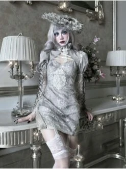 Rose Funeral Series White Gothic Dirty Dyed Heavy Workmanship Lace Hollow Gray Bottoming Sling Dress -NAUS Lolita Shop 3 500x672 1502