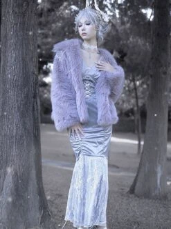 Swan Falling Dream Series Gray Purple V-Neck Sexy Jacquard Fishtail Lace Hem Design Trumpet Sleeve Slim Gothic Long-Sleeved Dress -NAUS Lolita Shop 3 500x672 1503