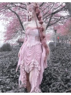 Cherry Nightmare Series Velvet Embossed Fabric Lace Frills Drawstring Design Stretch Flared Sleeves Sexy Gothic Pink Sling Dress -NAUS Lolita Shop 3 500x672 1504