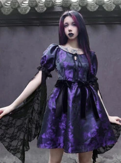 Tassel Binding Band Bowknot Purple Jacquard Gothic Puff Sleeve Dress -NAUS Lolita Shop 3 500x672 1505