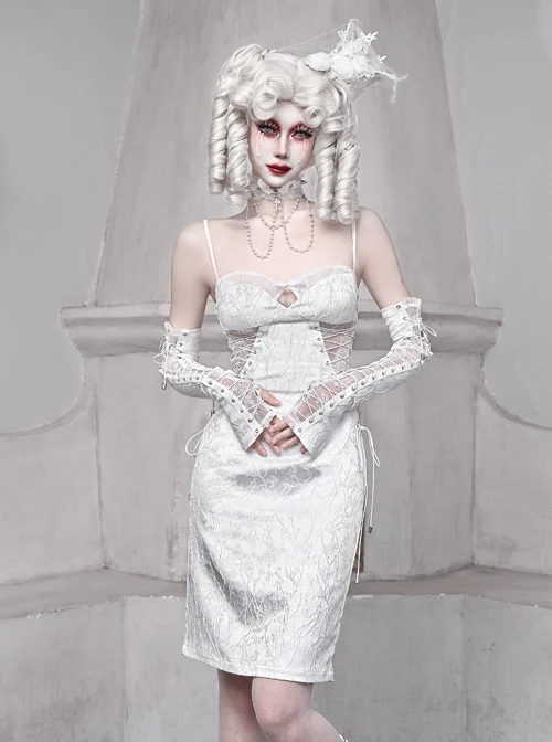 White Embossed Thorn Jacquard Sexy Hollow Stitching Lace-Up Slim Simple Gothic Sleeveless Dress 3 White Embossed Thorn Jacquard Sexy Hollow Stitching Lace-Up Slim Simple Gothic Sleeveless Dress - Image 3