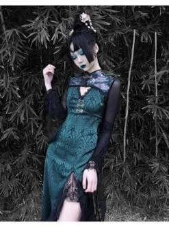 Lust Snake Series Improved Cheongsam Stand Collar Green Duckweed Jacquard Black Lace Gothic Split Dress 11 Lust Snake Series Improved Cheongsam Stand Collar Green Duckweed Jacquard Black Lace Gothic Split Dress -NAUS Lolita Shop 3 500x672 1513